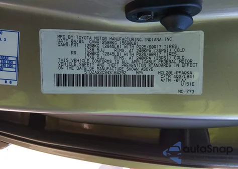 2004 Toyota Sienna Xle Limited z USA, uszkodzony, nr VIN 5TDZA22C94S164292